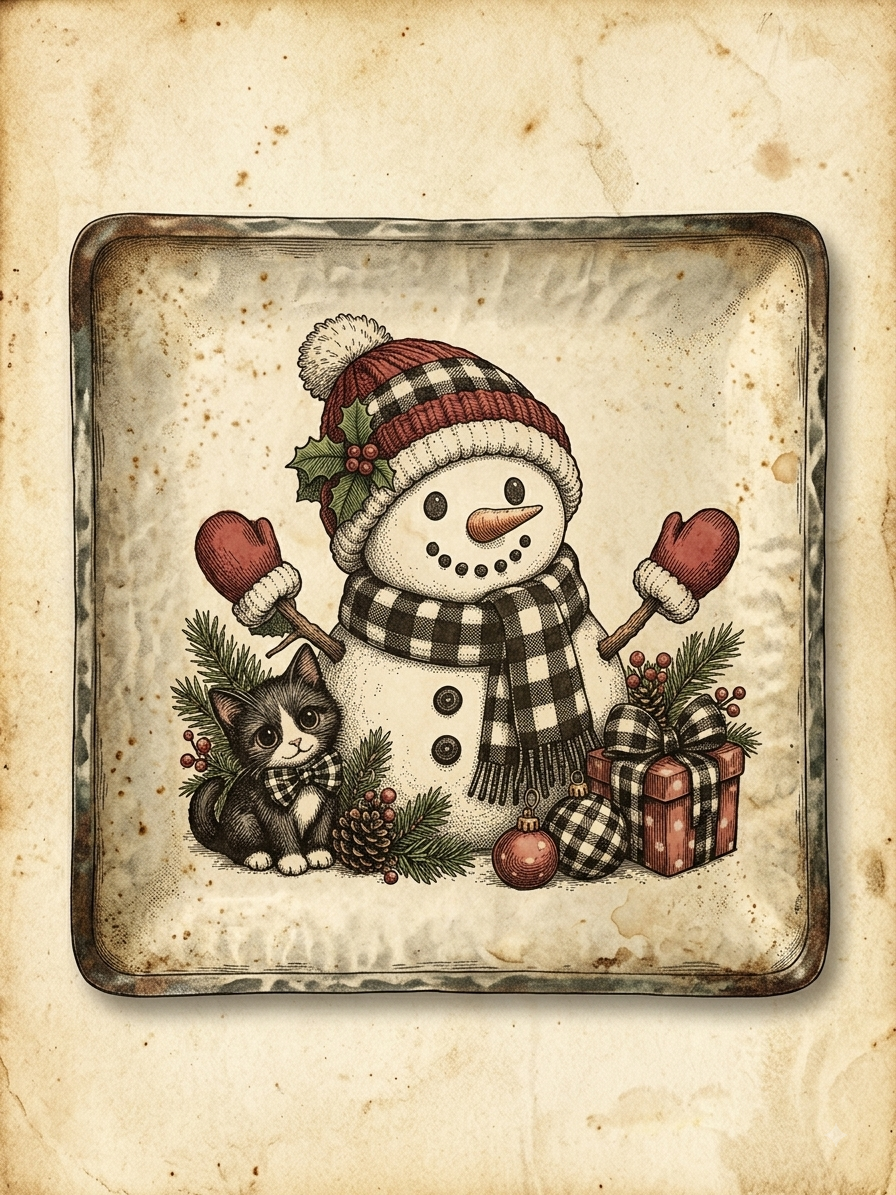 Snowman and Kitten Trinket Dish