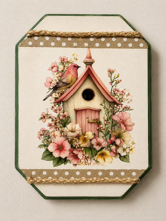 Large wall Art Vintage Floral/Birdhouse